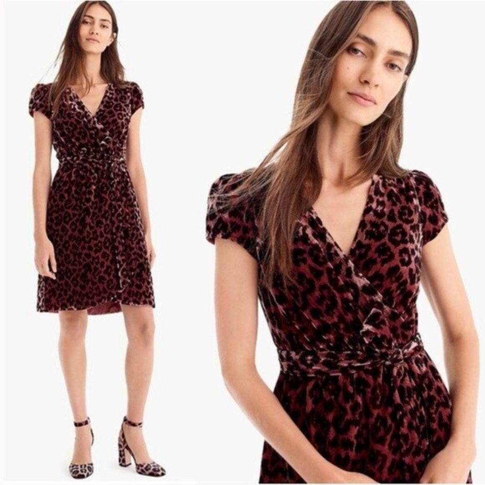 J. Crew Faux Wrap Velvet Rose Leopard Print Dress Size 2 XS Shabby Chic